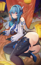 Rule 34 | 1girl, absurdres, artist request, ass, bare shoulders, blue hair, blush, breasts, cameltoe, eula (genshin impact), genshin impact, gloves, high heels, highres, large breasts, leotard, long hair, looking at viewer, lying, purple eyes, shiny clothes, shiny skin, sitting, smile, solo, thighhighs, yokozuwari