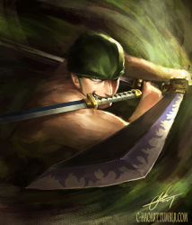 Rule 34 | 1boy, bandana, commentary, foreshortening, green bandana, green bandanna, green eyes, grin, highres, holding, holding sword, holding weapon, katana, looking at viewer, male focus, mouth hold, multiple swords, narutocuhh, one eye covered, one piece, perspective, roronoa zoro, scar, scar across eye, scar on face, signature, smile, solo, sword, topless male, tumblr username, watermark, weapon, web address