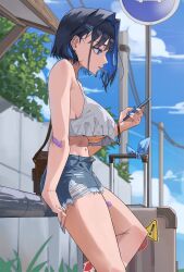 Rule 34 | 1girl, archinoer, bandaid, bandaid on arm, barbell piercing, bare legs, bare shoulders, black hair, blue hair, blue nails, blue shorts, blurry, blurry background, breasts, colored inner hair, crop top, denim, denim shorts, ear piercing, hair ornament, hairclip, highres, holding, holding phone, hololive, hololive english, industrial piercing, large breasts, looking at phone, medium hair, midriff, multicolored hair, nail polish, navel, no bra, ouro kronii, outdoors, phone, piercing, shirt, short shorts, shorts, solo, torn clothes, torn shorts, underboob, virtual youtuber