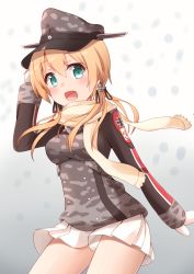 Rule 34 | 10s, 1girl, absurdres, bad id, bad pixiv id, blonde hair, camouflage, gloves, hat, highres, kantai collection, kapatarou, long hair, panties, pantyshot, peaked cap, prinz eugen (kancolle), remodel (kantai collection), scarf, smile, solo, standing, twintails, underwear, uniform, white panties