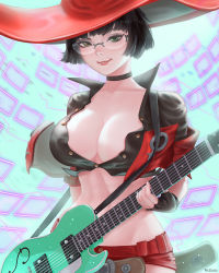 Rule 34 | 1girl, black hair, breasts, choker, crop top, electric guitar, fingerless gloves, glasses, gloves, green eyes, guilty gear, guitar, hat, highres, i-no, instrument, large breasts, lipstick, looking at viewer, makeup, mcdobo, mole, mole above mouth, partially unbuttoned, red hat, rimless eyewear, round eyewear, short hair, shorts, smile, solo, witch hat