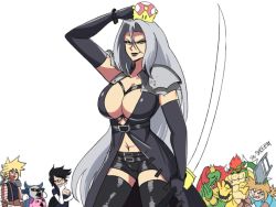 Rule 34 | 2girls, 6+boys, ameno (song), armor, bayonetta, bayonetta (series), bayonetta 2, belt, black belt, black gloves, black hair, black legwear, black shorts, blonde hair, blue eyes, boots, bowser, bracelet, breasts, chair, cleavage, closed eyes, cloud strife, cowboy shot, creature, crown, donkey kong (series), donkey kong country, earrings, elbow gloves, facing viewer, final fantasy, final fantasy vii, final fantasy vii advent children, genderswap, genderswap (mtf), gloves, green eyes, horns, jewelry, king k. rool, kirby, kirby (series), large breasts, link, long hair, looking at another, looking at viewer, mario (series), masamune (ff7), mask, meme, meta knight, multiple boys, multiple girls, navel, new super mario bros. u deluxe, nintendo, no bra, open mouth, own hands together, pacha (meme), pacha meme, pogchamp (meme), praying, red hair, sephiroth, short hair, short shorts, shorts, shoulder armor, simple background, smile, spiked bracelet, spikes, standing, super crown, super smash bros., sword, the emperor&#039;s new groove, the legend of zelda, the legend of zelda: breath of the wild, thigh boots, thighhighs, tina fate, very long hair, weapon, white background, white hair, wings