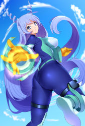 Rule 34 | 1girl, ass, blue eyes, blue hair, blue sky, bodysuit, boku no hero academia, breasts, cloud, covered erect nipples, drill hair, energy, firing, firing at viewer, floating hair, flying, foot out of frame, from behind, from below, gloves, glowing, glowing hand, hadou nejire, holster, kippuru, large breasts, light blue hair, long hair, looking at viewer, looking back, outstretched arm, skin tight, sky, soles, solo, thigh holster, thigh strap, very long hair, yellow gloves