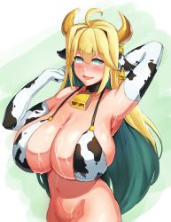 Rule 34 | 1girl, ahoge, animal ears, animal print, bell, blonde hair, breasts, colored inner hair, cow ears, cow girl, cow print, cowbell, ear tag, elbow gloves, elven forest maker, flower-shaped pupils, gloves, green eyes, green hair, highres, horns, huge breasts, last origin, looking at viewer, milk, multicolored hair, murasaki nami, neck bell, open mouth, smile, solo, suggestive fluid, symbol-shaped pupils