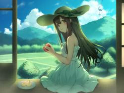 Rule 34 | 1girl, apple, apple slice, blue sky, brown eyes, brown hair, cloud, copyright request, day, dress, food, fruit, grass, hand up, hat, hat ribbon, hill, holding, holding food, holding fruit, long hair, looking at viewer, mimikaki, official art, pokachu, ribbon, sitting, sky, smile, solo, sun hat, tree, white dress, wind chime