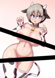 Rule 34 | 1girl, absurdres, animal ears, animal print, belly, blue eyes, breasts, cameltoe, censored, cow ears, cow girl, cow horns, cow print, cow tail, curvy, fake animal ears, fake horns, fake tail, fang, highres, horns, kemonomimi mode, large breasts, lucyfer, navel, open mouth, short hair, silver hair, simple background, solo, swimsuit, tail, thick thighs, thighhighs, thighs, underboob, uzaki-chan wa asobitai!, uzaki hana, wide hips