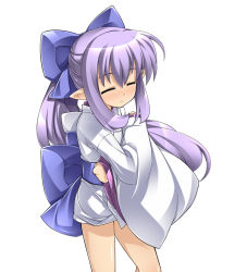 Rule 34 | 1girl, = =, blue bow, bow, clenched hands, closed eyes, hair between eyes, hair bow, hisame (shinrabanshou), japanese clothes, katami shinta, kimono, long hair, long sleeves, pointy ears, ponytail, purple hair, sash, shinrabanshou, short kimono, simple background, solo, very long hair, white background