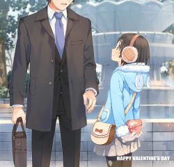 Rule 34 | 10s, 1boy, 1girl, age difference, arms behind back, bag, black pantyhose, blue eyes, blurry, box, brown hair, chocolate, coat, day, depth of field, earmuffs, faceless, faceless male, feet out of frame, formal, fountain, from side, gloves, handbag, happy valentine, head out of frame, heart-shaped box, highres, hood, idolmaster, idolmaster cinderella girls, jacket, looking up, necktie, open mouth, original, outdoors, pantyhose, producer (idolmaster), profile, sasaki chie, short hair, skirt, smile, suit, teiryoku lolita, valentine