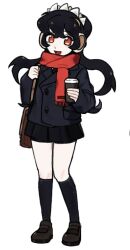 1girl alternate_costume ayaanalien02 bag black_hair disposable_coffee_cup disposable_cup earmuffs filia_(skullgirls) full_body handbag jacket long_hair open_mouth pleated_skirt red_eyes scarf shoes skirt skullgirls smile socks solo white_background winter_clothes