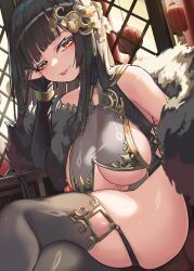 Rule 34 | 1girl, :p, arm support, black hair, breasts, bridal gauntlets, brown eyes, china dress, chinese clothes, cleavage, crossed legs, dress, fur shawl, hair ornament, half-closed eyes, highres, indoors, lantern, large breasts, long hair, looking at viewer, natori youkai, original, paper lantern, revealing clothes, shawl, side slit, sideboob, sitting, solo, thighhighs, thighs, tongue, tongue out, underboob