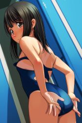 Rule 34 | 1girl, absurdres, adjusting clothes, adjusting swimsuit, ass, back, bare arms, black eyes, black hair, blue one-piece swimsuit, clothes pull, competition swimsuit, cowboy shot, dutch angle, from behind, highres, locker, looking at viewer, looking back, matsunaga kouyou, medium hair, one-piece swimsuit, one-piece swimsuit pull, one-piece tan, original, parted lips, solo, standing, swimsuit, tan, tanline