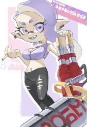 Rule 34 | 1girl, a a2001214, black leggings, breasts, cigarette, cleavage, commentary request, cropped shirt, earrings, eyelashes, fang, full body, highres, holding, holding cigarette, holding weapon, hoop earrings, hydra splatling (splatoon), inkling, inkling girl, inkling player character, jewelry, large breasts, leggings, long hair, midriff, multicolored background, navel, nintendo, open mouth, pants, pink background, pointy ears, purple background, purple eyes, purple hair, purple pupils, raised eyebrows, shirt, sleeveless, sleeveless shirt, smile, smoke, solo, splatoon (series), splatoon 3, standing, teeth, tentacle hair, torn clothes, torn pants, translation request, upper teeth only, weapon, white background