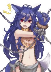 Rule 34 | 10s, 1girl, angry, animal ears, animal hands, bdsm, blue hair, bondage, bound, breasts, chain, erune, fangs, fenrir (shingeki no bahamut), granblue fantasy, jewelry, long hair, looking at viewer, navel, open mouth, red eyes, riffey, simple background, small breasts, solo, tail, very long hair, white background, wolf ears, wolf tail