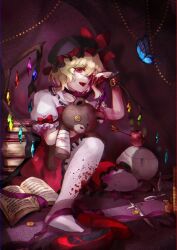 Rule 34 | 1girl, beads, blonde hair, blood, blood on clothes, blood on leg, book, book stack, coin, flandre day, flandre scarlet, highres, looking at viewer, medium hair, open book, red eyes, red footwear, shee take, slippers, stuffed animal, stuffed toy, teddy bear, touhou, wall