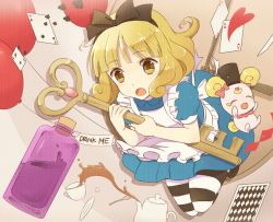 Rule 34 | 10s, 1girl, :o, ace (playing card), ace of hearts, alice in wonderland, bad id, bad pixiv id, balloon, black bow, blonde hair, bottle, bow, candy (smile precure!), card, creature, cup, dress, frills, full body, hair bow, hairband, hat, heart, kettle, key, kise yayoi, morii (lucky tune), pantyhose, pink bow, playing card, precure, sepia background, short hair, smile precure!, striped clothes, striped pantyhose, tea, teacup, top hat, yellow eyes