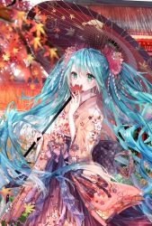 Rule 34 | 1girl, absurdres, aqua hair, autumn leaves, commentary, covering own mouth, floating hair, floral print, green eyes, hatsune miku, highres, holding, holding leaf, holding umbrella, japanese clothes, kimono, kity1211 tetsu, leaf, long hair, oil-paper umbrella, outdoors, solo, standing, twintails, umbrella, very long hair, vocaloid