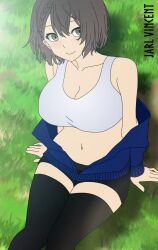 Rule 34 | 1girl, absurdres, arm support, bare shoulders, blue jacket, blush, braid, breasts, brown hair, cleavage, closed mouth, collarbone, crop top, day, french braid, grass, hair between eyes, highres, jacket, large breasts, looking at viewer, navel, non-web source, on grass, open clothes, open jacket, original, outdoors, shirt, short hair, short shorts, shorts, side braid, sitting, sleeveless, smile, solo, sports bra, tank top, thighhighs, track jacket, vampire, white shirt, yellow eyes
