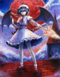 Rule 34 | 1girl, blue hair, bobby socks, brooch, clock, clock tower, cloud, dress, female focus, full moon, hat, jewelry, mary janes, moon, oil painting (medium), painting (medium), polearm, red eyes, red moon, remilia scarlet, roman numeral, rooftop, shoes, short hair, socks, solo, spear, spear the gungir, spear the gungnir, tafuto, touhou, tower, traditional media, weapon, wings