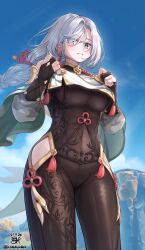Rule 34 | 1girl, 3d background, :d, black bodysuit, black gloves, blue sky, bodysuit, braid, breasts, commentary request, covered navel, detached sleeves, earrings, fingerless gloves, genshin impact, gloves, grey eyes, grin, hair over one eye, highres, jewelry, kokukyukeo, large breasts, long hair, looking at viewer, low ponytail, open mouth, outdoors, shenhe (genshin impact), short sleeves, sidelocks, single braid, sky, smile, solo, thighs, white hair, wind