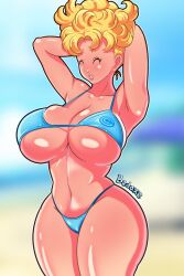 Rule 34 | 1girl, ^ ^, alternate breast size, arms up, artist name, bedaxe, bikini, blonde hair, blue bikini, blush, breasts, closed eyes, completely nude, curly hair, curvy, dragon ball, female focus, highres, large breasts, lips, mature female, nude, panchy, shiny skin, smile, solo, standing, swimsuit, thong bikini, wide hips