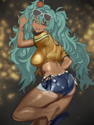 1girl aqua_eyes aqua_hair blush bracelet brazilian_miku breasts denim denim_shorts earrings eyebrows_hidden_by_hair eyewear_on_head flip-flops flower from_behind hair_between_eyes hair_flower hair_ornament hatsune_miku highres jersey jewelry large_breasts long_hair looking_at_viewer open_mouth rokuba sandals shirt short_shorts shorts sideboob simple_background smirk soles solo sunglasses tan tanline teeth twintails very_long_hair vocaloid yellow_shirt