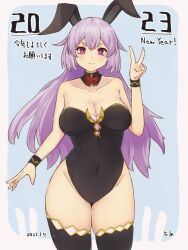 Rule 34 | 1girl, 2023, animal ears, black leotard, black thighhighs, breasts, cleavage, closed mouth, collarbone, covered navel, hand up, highres, large breasts, leotard, long hair, looking at viewer, new year, original, purple eyes, purple hair, rabbit ears, smile, solo, standing, thick eyebrows, thighhighs, v, wristband, yonaga san