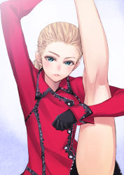 Rule 34 | 1girl, 2014 winter olympics, arm up, black gloves, blonde hair, blue eyes, blush, figure skating, flexible, forehead, gloves, hairline, kneepits, leg up, looking at viewer, matsuryuu, olympics, parted lips, ponytail, real life, russian text, solo, standing, standing on one leg, stretching, yulia lipnitskaya