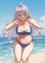 Rule 34 | 1girl, antenna hair, bare shoulders, bikini, blue bikini, blurry, blurry background, blush, breasts, brown eyes, cleavage, cloud, collarbone, feet out of frame, granblue fantasy, grey hair, hands up, highres, horizon, knees together feet apart, large breasts, long hair, navel, nos, ocean, open mouth, outdoors, pointing, pointing at self, sand, side-tie bikini bottom, silva (granblue fantasy), smile, solo, standing, swimsuit, water, waves