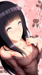 Rule 34 | 1girl, bare shoulders, black hair, blunt bangs, blush, breasts, cleavage, gradient background, highres, hyuuga hinata, large breasts, lips, long hair, looking at viewer, naruto, naruto (series), ribbed sweater, shiny skin, solo, sweater, upper body, xiao ren