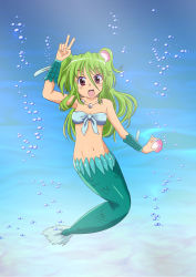 Rule 34 | 1girl, bubble, green hair, jewelry, mermaid, monster girl, muromi-san, namiuchigiwa no muromi-san, necklace, red eyes, seashell, shell, solo, twintails, two side up, underwater, v, water