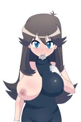 Rule 34 | 1girl, black dress, blue eyes, blush, breasts, brown hair, condom, condom in mouth, creatures (company), dress, game freak, green (pokemon), hand on chest, highres, large breasts, looking at viewer, mouth hold, nintendo, nipples, one breast out, pokemon, pokemon adventures, smile, solo, suzuno (saru grdz)