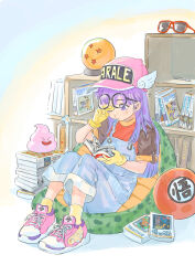 Rule 34 | 1girl, amatiz, ankle socks, baseball cap, bean bag chair, black-framed eyewear, blue overalls, blunt bangs, brown shirt, cabinet, cell (dragon ball), character name, closed mouth, clothes writing, commentary, copyright name, creator connection, crossover, cushion, denim overalls, dr. slump, dragon ball, dragon ball (object), dragon quest, dragonball z, eyelashes, fat buu, frieza, full body, gloves, hair behind ear, hat, highres, holding, holding manga, light blush, long hair, majin buu, manga (object), nib pen (object), norimaki arale, one eye closed, overalls, pen, pile of books, pink footwear, pink hat, purple eyes, purple hair, raglan sleeves, reading, red-framed eyewear, red shirt, rubbing eyes, runny nose, shirt, shoelaces, shoes, sitting, slime (dragon quest), sneakers, snot, socks, solo, son goku, straight hair, sunglasses, tareme, tearing up, toriyama akira (character), two-tone shirt, winged footwear, winged hat, yellow gloves, yellow socks