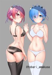 Rule 34 | 10s, 2girls, :o, adjusting clothes, adjusting legwear, amakusa tobari, ass, back, black bra, black legwear, black panties, black vs white, blue eyes, blue hair, blush, bra, breasts, cleavage, commentary request, eyes visible through hair, from behind, gluteal fold, grey background, hair ornament, hair over one eye, hand on own chest, hands in pockets, lace, lace-trimmed bra, lace-trimmed panties, lace trim, lingerie, looking at viewer, looking back, maid headdress, medium breasts, multiple girls, navel, panties, parted lips, ram (re:zero), re:zero kara hajimeru isekai seikatsu, red eyes, red hair, rem (re:zero), ribbon, short hair, siblings, sisters, skindentation, standing, thigh gap, thighhighs, thighs, twins, twitter username, underwear, underwear only, unfinished, white bra, white legwear, white panties, x hair ornament