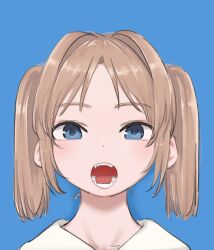 Rule 34 | 1girl, blue background, blue eyes, bouen, commentary request, highres, id photo, light brown hair, looking at viewer, open mouth, original, short hair, simple background, sketch, solo, straight-on, teeth, twintails, upper body