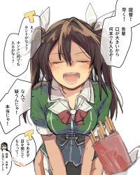 Rule 34 | 1boy, 2girls, admiral (kancolle), belt, bow, bowtie, breasts, brown hair, chikuma (kancolle), chikuma kai ni (kancolle), closed eyes, elbow gloves, food, gloves, green jacket, green shirt, hair between eyes, hair ribbon, highres, incoming pocky kiss, jacket, kantai collection, multiple girls, open mouth, out of frame, pelvic curtain, pocky, pocky day, puffy short sleeves, puffy sleeves, ribbon, shirt, short sleeves, single elbow glove, small breasts, speech bubble, t-head admiral, tone (kancolle), tone kai ni (kancolle), twintails, white ribbon, yami (m31)
