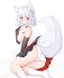 Rule 34 | 1girl, animal ear fluff, animal ears, ass, bad anatomy, black skirt, breasts, bridal gauntlets, finger to mouth, inubashiri momiji, looking at viewer, medium breasts, miniskirt, panties, red eyes, rururiaru, short hair, simple background, skirt, socks, solo, tail, thighs, touhou, underwear, white background, white hair, white panties, white socks, wolf ears, wolf girl, wolf tail