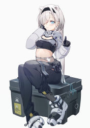 Rule 34 | 1girl, absurdres, animal ears, arknights, aurora (arknights), bear ears, black gloves, black hairband, black pants, black shirt, blue eyes, blush, boots, breasts, cleavage cutout, clothing cutout, commentary, container, crop top, cropped jacket, full body, gloves, grey background, hair over one eye, hairband, hands up, highres, im (dorya9), jacket, long hair, looking at viewer, medium breasts, midriff, navel, pants, pointing, pouch, shirt, silver hair, simple background, sitting, solo, stomach, very long hair, white jacket