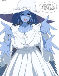 Rule 34 | 1girl, absurdres, blue eyes, blue hair, blue skin, breasts, cleavage, colored skin, cracked skin, elden ring, extra arms, female focus, hat, highres, huge breasts, jewelry, long hair, looking at viewer, matching hair/eyes, one eye closed, pogchamp (meme), ranni the witch, ring, solo, soulkibble, speech bubble, witch hat