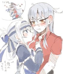 Rule 34 | 2girls, ainu clothes, bandaid, bandaid on face, bandaid on nose, blue eyes, blush, closed mouth, facial scar, gangut (kancolle), grey hair, hair ornament, hairclip, hat, headband, itomugi-kun, japanese clothes, kamoi (kancolle), kantai collection, kimono, long hair, looking at another, military, military hat, military uniform, multiple girls, ponytail, red eyes, red shirt, scar, scar on cheek, scar on face, shirt, simple background, uniform, white background, yuri