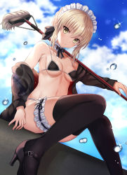 Rule 34 | 1girl, :o, armpits, artoria pendragon (alter swimsuit rider) (fate), artoria pendragon (alter swimsuit rider) (second ascension) (fate), artoria pendragon (fate), ass, bad id, bad pixiv id, bare shoulders, bikini, black bikini, black footwear, black jacket, black thighhighs, blonde hair, blue sky, breasts, breasts apart, bridal garter, choker, cloud, cloudy sky, collarbone, commentary request, day, fate/grand order, fate (series), glint, hair ribbon, harimoji, head tilt, high heels, highres, holding, holding mop, jacket, long sleeves, looking at viewer, maid headdress, medium breasts, mop, off shoulder, open clothes, open jacket, outdoors, parted lips, ribbon, short hair, sitting, sky, solo, stomach, swimsuit, thighhighs, thighs, water drop, yellow eyes