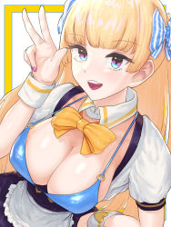 Rule 34 | 1girl, absurdres, apron, blonde hair, blue eyes, blue nails, blunt bangs, border, bow, bra, breasts, cleavage, commentary, detached collar, hair ornament, hand on own hip, hand up, heart, heart o-ring, highres, large breasts, lina (michihasu), long hair, looking at viewer, maid apron, multicolored eyes, nail polish, open mouth, original, pink eyes, pink nails, simple background, skirt, solo, striped, suspender skirt, suspenders, teeth, thick eyelashes, tsurumi kazane, two-tone background, underwear, upper body, upper teeth only, vertical stripes, w, white border, wrist cuffs, yellow bow