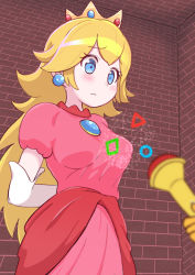 Rule 34 | 1girl, absurdres, arms behind back, blonde hair, blue eyes, blush, breasts, brick wall, brooch, circle, closed mouth, crown, dress, earrings, elbow gloves, eyelashes, frown, furrowed brow, gloves, highres, holding, holding wand, indoors, jewelry, kukaninugi, long hair, looking down, magic, mario (series), medium breasts, nintendo, pink dress, princess, princess peach, puffy short sleeves, puffy sleeves, short sleeves, solo focus, square, super mario bros. 1, triangle, wand, white gloves