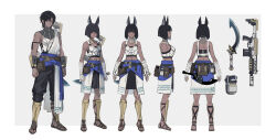 Rule 34 | 1boy, 1girl, animal ears, arm guards, arm wrap, armor, assault rifle, belt pouch, black hair, black pants, black skirt, bob cut, breastplate, dark-skinned female, dark-skinned male, dark skin, earrings, echj, egyptian, explosive, from behind, from side, grenade, gun, highres, jewelry, khopesh, multiple views, original, pants, pouch, red eyes, rifle, sandals, shin guards, short hair, skirt, straight-on, weapon