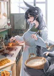 absurdres animal_ears apron bird black_hair braid chopsticks commentary cooking cutting_board eyelashes fang fire fox_ears fox_girl fox_tail highres inanari1108 kitchen long_hair looking_at_viewer multiple_tails open_mouth original rice sink sparrow stove tail very_long_hair yellow_eyes