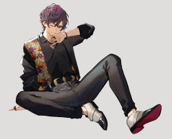 Rule 34 | 1boy, belt, black nails, black pants, black shirt, brown eyes, floral print, full body, hair between eyes, hand up, jacket, jewelry, looking at viewer, male focus, messy hair, mole, mole under eye, nail polish, necklace, nozaki tsubata, official art, oxygen (song), pants, ring, shirt, shoes, simple background, solo