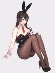 Rule 34 | 1girl, alternate costume, animal ears, aqua eyes, bare arms, bare shoulders, black hair, black leotard, blush, breasts, commentary request, detached collar, fake animal ears, full body, glasses, green eyes, hairband, high heels, highres, kantai collection, leotard, long hair, necktie, ooyodo (kancolle), pantyhose, parted lips, playboy bunny, rabbit ears, red necktie, semi-rimless eyewear, simple background, sitting, small breasts, solo, strapless, strapless leotard, under-rim eyewear, wrist cuffs, yuuji (and)
