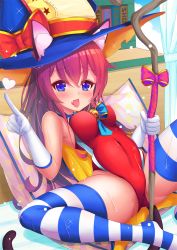 Rule 34 | 1girl, animal ears, bed, blue eyes, cat ears, competition swimsuit, fang, gloves, hat, long hair, one-piece swimsuit, original, pillow, red hair, solo, spread legs, staff, swimsuit, thighhighs, witch hat, yoshiheihe