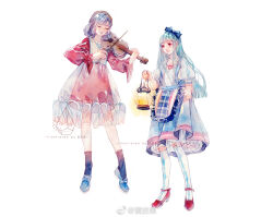 Rule 34 | 2girls, ankle socks, apron, argyle clothes, argyle socks, back bow, blue apron, blue bow, blue footwear, blue hair, blue sky, blue socks, blue vest, blunt bangs, blunt ends, bow, bow (music), brooch, brown hairband, chinese commentary, closed eyes, closed mouth, clothes lift, collarbone, commentary request, curly hair, dress, dress lift, eyelashes, eyeshadow, frilled apron, frilled skirt, frills, full body, hair bow, hairband, heart, heart brooch, high heels, holding, holding bow (music), holding instrument, holding lantern, holding violin, huangpi sang, instrument, jewelry, kneehighs, lace, lace-trimmed skirt, lace trim, lantern, layered skirt, lifted by self, loafers, long hair, long sleeves, makeup, medium hair, medium skirt, multiple girls, music, original, pink eyeshadow, pink lips, plaid, plaid apron, playing instrument, puffy long sleeves, puffy short sleeves, puffy sleeves, purple hair, red eyes, red footwear, red shirt, red skirt, ribbon-trimmed sleeves, ribbon trim, see-through skirt layer, shirt, shoes, short sleeves, skirt, sky, smile, socks, straight hair, striped clothes, striped vest, two-tone vest, vertical-striped clothes, vertical-striped vest, vest, violin, waist apron, watermark, weibo logo, weibo watermark, white background, white shirt, white skirt, white socks, white vest, yellow vest