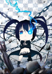 Rule 34 | 10s, 1girl, :&lt;, absurdres, black hair, black rock shooter, black rock shooter (character), blue eyes, chain, chibi, crossed arms, female focus, full body, glowing, glowing eyes, highres, solo, tsukina (artist), twintails