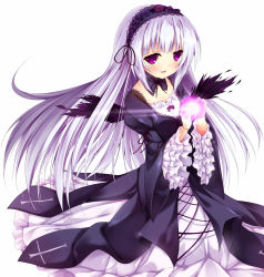 Rule 34 | 1girl, black dress, doll joints, dress, hairband, highres, joints, layered dress, lolita fashion, lolita hairband, long hair, long sleeves, nironiro, open mouth, purple eyes, rozen maiden, silver hair, smile, solo, suigintou, very long hair, white dress, wide sleeves